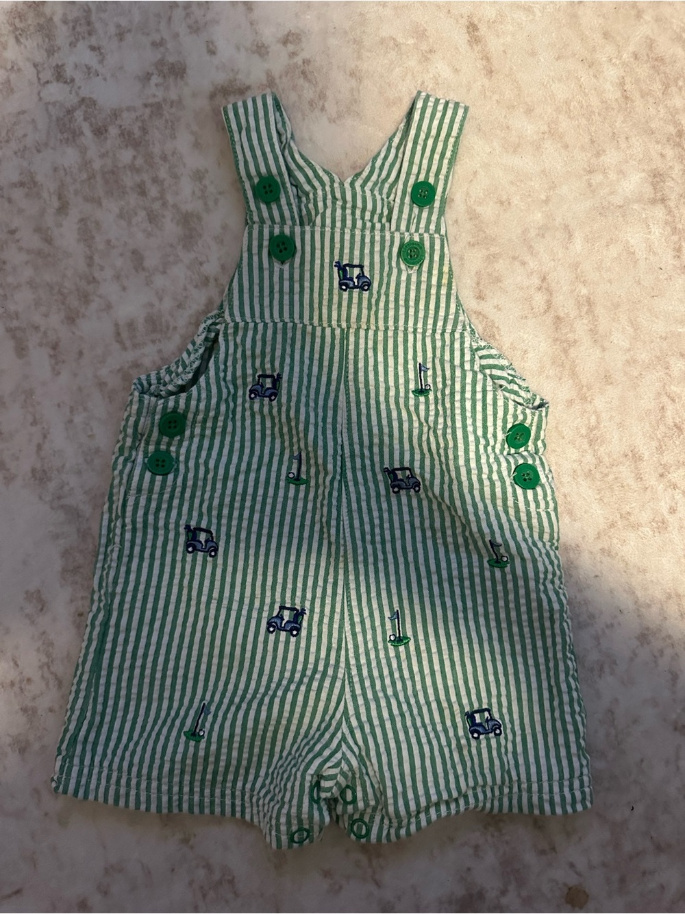 Green Striped Baby Overalls with Golf Cart Embroidery- size 9M